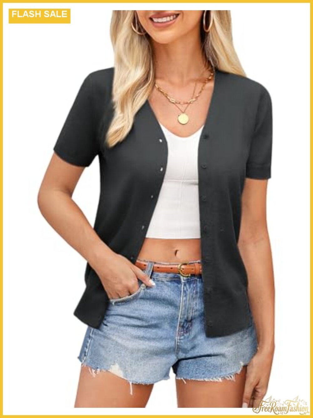 Womens Short Sleeve Cropped Cardigan V Neck Button Down Lightweight Summer Knit
